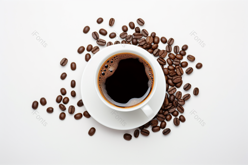 特写俯拍咖啡咖啡豆创意摆拍白底,高清,摄影图,摄影图片,图片大全,摄影图免费下载